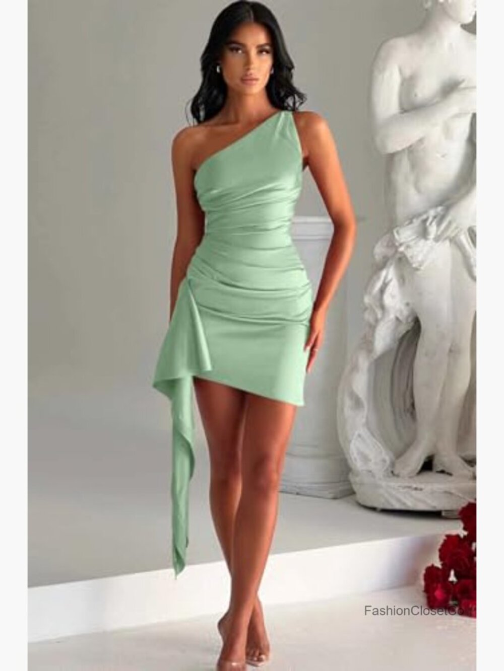 One Shoulder Ruched Bodycon Sleeveless Mini Club Party Dress - Picture 5 of 6